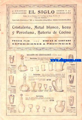 Grandes Almacenes El Siglo. Conde y C. Rambla de los capuchinos, 5 y 7. Calle de Xucl, 10, 12 y 14.  Barcelona. Catlogo. Cristalera, metal blanco, loza y porcelana, batera de cocina. Precio fijo. Ventas al contado.