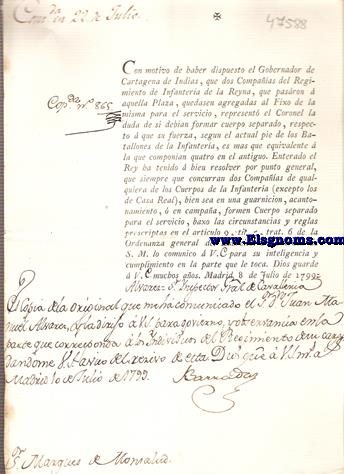 Con motivo de haber dispuesto el Gobernador de Cartagena de Indias, que dos Compaas del Regimiento de Infantera de la Reyna, que pasron  aquella Plaza, quedasen agregadas al Fixo de la misma para el servicio, represent el Coronel la duda de si deban formar cuerpo separado, respecto  que su fuerza, segun el actual pie de los Batallones de la Infanteria.