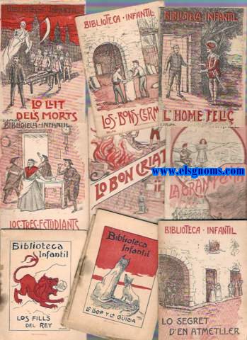 Biblioteca Infantil. Conjunt de 13 contes reprodunt rondalles signats per Sebasti Farns, J. Riera y Bertrn, Mara de Bell-lloch i Franar  d'aquesta col.lecci (Los tres estudiants; Lo fill de la fada; La gran penya; Lo llit dels morts; Los bons germans; L'home feli; Los fills del Rey; Lo llop y la guilla; La sort del pastor; Lo segret d'En Ametller; Lo bon criat; Boigs fan bitlles; Los bons amichs ).