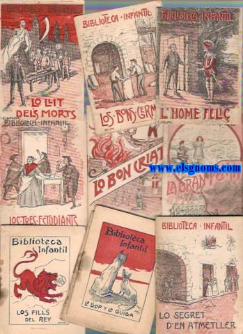 Biblioteca Infantil. Conjunt de 22 contes reprodunt rondalles signats per Sebasti Farns, J. Riera y Bertrn, Mara de Bell-lloch i Franar  d'aquesta col.lecci (Los tres estudiants;  L'escol lleminer; Los tres consells del Rey Salom; Lo fill de la fada; La gran penya; Lo llit dels morts; Los bons germans; Lo castell del amor; L'endevinayre; L'home feli; La bota de St.Farriol; La mort presonera; Boigs fan bitlles; Los fills del Rey; L'home de la vaca; Lo llop y la guilla; La sort del pastor; Los bons amichs; Lo segret d'En Ametller; Lo pollastre; Cam del mol, Lo bon criat).
