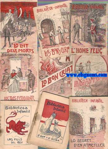Biblioteca Infantil. Conjunt de 20 contes reprodunt rondalles signats per Sebasti Farns, J. Riera y Bertrn, Mara de Bell-lloch i Franar  d'aquesta col.lecci (Los tres estudiants;  L'escol lleminer; Los tres consells del Rey Salom; Lo fill de la fada; La gran penya; Lo llit dels morts; Los bons germans; L'endevinayre; La bota de St.Farriol; La mort presonera; Boigs fan bitlles; Los fills del Rey; L'home de la vaca; Lo llop y la guilla; La sort del pastor; Los bons amichs; Lo segret d'En Ametller; Lo pollastre; Lo bon criat).