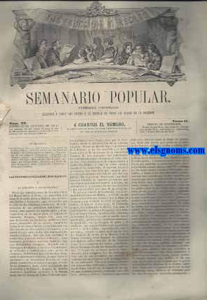 Semanario Popular, Peridico Pintoresco Adaptado a Todos Los Gustos y al alcance de todas las clases de la Sociedad. Bajo la direccin literaria de D. Florencio Janer.Ao Segundo.-1863.Nm.33. Jueves 15 de Octubre de 1863.SUMARIO :Las Provincias Rusas del Mar Bltico.-Una Noche en La Selva Negra, cuento de cocina , por Jos Pastor de la Roca.-El descubrimiento de Amrica.-Los vestidos de los Animales (Conclusion).-Matanzas.-El Tribunal Antiguo.-A Mi Esperanza , por Manuel Valcarcel.-Un Viaje a Madagascar.-Las Ondinas, nocturno , por Enrique Heine.-Epigrama , por Adolfo Miralles de Imperial.-Obra Interesante.-Cantares.-Refranes Higinicos.