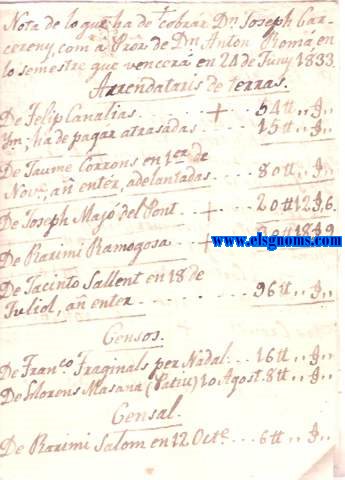 Nota de lo que ha de cobrar Dn. Joseph Garcereny, com a Pro(curado)r de Dn Anton Rom en lo semestre que vencer en 24 de Juny 1833 (Arrendataris de terras, censos, censal, lloguers de casas).