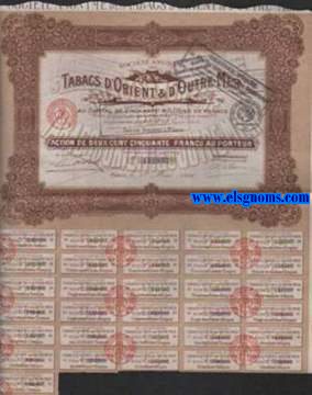 Societ Anonyme Tabacs d'Orient & d'Outre - Mer au capital de cinquante millions de francs divis en 200.000 actions de deux cent cinquante francs au porteur. Action de deux cent cinquante francs au porteur. Paris, le 1er Mai 1920.