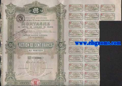 Societ Anonyme des Anciens tablissement Mortagne au capital de 2.000.000 francs divis en 20.000 actions de cent francs chacune. Sige social a Paris. Action de cent francs au porteur entirement libre. Paris, le 14 Fevrier 1921.