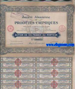 Societ Alsacienne de Produits Chimiques. Societ Anonyme au capital de 25 millios de francs divis en 250.000 actions de 100 francs chacune. Sige social a Paris. Action de 100 francs au porteur entirement libre. Paris, Janvier 1928.