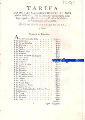 Tarifa Do Que As Camaras destes Reinos abaixo declaradas, ho de contribuir annualmente pelas suas respectivas Rendas, para os Partidos da Medicina da Universidade de Coimbra. Na Provinvcia da Extremadura, a saber : Comarca de Santarem.Comarca de Torres Vedras. Comarca de Leiria. Comarca de Thomar.Comarca de Setubal. Na Provincia de Alem Tejo, a saber : Comarca do Campo de Ourique. Comarca de Portalegre. Comarca de Elvas. Comarca de Bja. Na Provincia d' Entre Douro e Minho. Comarca de Guimeres. Comarca de Viana. Comarca do Porto. Na Provincia de Traz os Montes. Comarca de Moncorvo. Comarca de Miranda. Reino do Algarve. Na Provincia da Beira, a saber : Comarca de Coimbra. Comarca de Castello Branco. Comarca de Viseu. Comarca da Guarda. Comarca de Aveiro. Comarca de Lamego. 