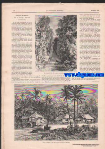 La Ilustracin Artstica.Barcelona 10 de Mayo de 1886.   Ao V. Regalo  los seores suscritores de la Biblioteca Universal Ilustrada.Nm. 228. Sumario : Texto .-Nuestros grabados.-Nido escarbado...familia disuelta (conclusin), por don J. Ortega Munilla.-El grano de centeno, por don Angel R. Chaves.-Los candeleros de plata, por don Pedro Mara Barrera.-Comunicaciones permanentes con los trenes en marcha, por M.E. Hospitalier.-Viaje a Filipinas (continuacin), por el doctor J. Montano.Grabados.-!Desdichada.....cuadro de A. Guinea.-En la cocina, cuadro de Francisco Vinea.-Serenata veneciana, cuadro de Hans Makart.-Esopo, grupo escultrico de Enrique Mller.-Las segadoras, copia del cuadro de Julio Bretn.-Comunicaciones telefnicas de los trenes en marcha.-Ro Sagaliud.Golfo de Sandakn.-Una calle de Davao.