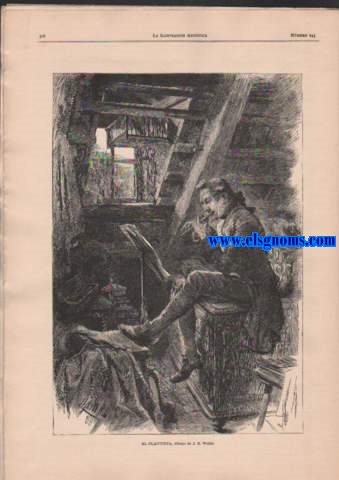La Ilustracin Artstica.Barcelona 6 de Setiembre de 1886.   Ao V. Regalo  los seores suscritores de la Biblioteca Universal Ilustrada.Nm. 245. Sumario : Texto .-Nuestros grabados.-El brujo de Alcornocal (continuacin), por don Juan Toms Salvany.-El testamento, por don Juan Martnez.-Claridades pulpitables (continuacin), por don J. Mara Sbarbi.-Viaje a Filipinas (conclusin), por el doctor J. Montano.Grabados.-El gatito carioso.-El flautista, dibujo de J.R. Wehle.-Inter pocola (entre copa y copa), cuadro de Guinea, grabado por Brend'amour.-Federico Barbarroja pidiendo auxilio al Duque de Baviera para someter  las ciudades lombardas.-Un balcn de Venecia.-Vista de la isla de Phile.-Lorenzo, muchacho bisaya.Rada de Butun.-Suplemento Artstico : La riva degli Schiavoni, cuadro de H. Bartels.