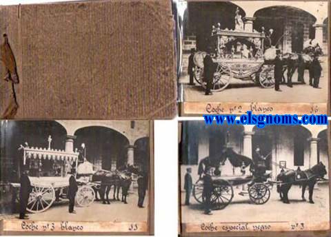 Curiossimo catlogo sobre llas diferentes carrozas conteniendo 21 fotografas encoladas sobre cartulina de los carros funerarios y diferentes acompaamientos de los mismos.