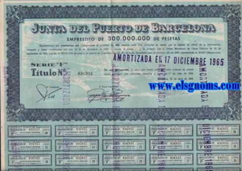 Junta del Puerto de Barcelona. Emprstito de 300.000.000 de pesetas. Representado por 300.000 obligaciones al portador, de 1.000 pesetas cada una. Barcelona, 30 de Abril de1956.