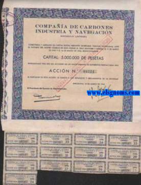 Compaia de Carbones Industria y Navegacion S.A. Capital 2.500.000 representado por 5.000 acciones al portador de 500 pesetas. Barcelona, 11 de Marzo de 1942.