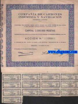 Compaa de Carbones Industria y Navegacin Sociedad Annima CARINSA. Capital: 2.500.000 pesetas representado por cinco mil acciones de un valor nominal de quinientas pesetas cada una. Barcelona, 11 de Marzo de 1942.