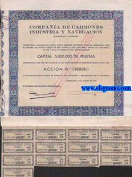 Compaa de Carbones Industria y Navegacin Sociedad Annima CARINSA. Capital: 5.000.000 pesetas representado por diez mil acciones de un valor nominal de quinientas pesetas cada una. Barcelona, 16 de Marzo de 1945.