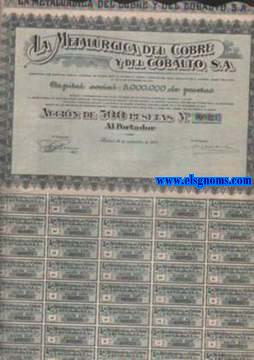 La Metalrgica del Cobre y del Cobalto S.A. Capital social 5.000.000 pesetas dividido y representado por 10.000 acciones de 500 pesetas nominales. Madrid,12 de Septiembre de 1924.