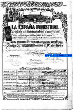 La Espaa Industrial Sociedad Anonima Fabril y Mercantil. Capital 32.000.000 reales velln en 16.000 acciones de 2.000 reales de velln. Barcelona, 1 de Enero de 1854.