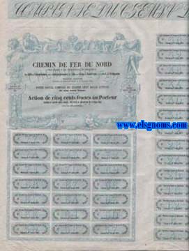 Chemins de Fer du Nord. De Paris a la Frontire de Belgique. Fonds Social compos de quatre cent mille actions de cinq cents francs. Paris 19 de Fevrier de 1852. 