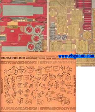 Constructor.  Objetos diversos - N 26 - Camin y N 27 - La carga de un camin. Pequeas construcciones en cartulina, desmontables, sin pegaduras (Patentado). Constituir una hermossima coleccin de pequeos juguetes con gran variedad de asuntos finamente decorados, reproducciones de la realidad, desmontables, guardndose en sitio reducidsimo, de gran finalidad educativa para el ejercicio de la habilidad, iniciativa y paciencia de los nios y que suprime la posibilidad de herirse o mancharse (Nada han de cortar ni pegar). S.A.I.G. Seix y Barral Herms. Editores, Bardelona. 