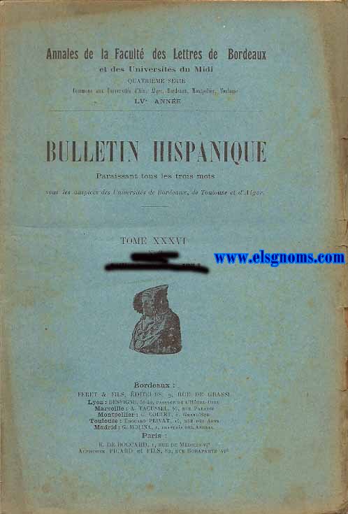 Bulletin Hispanique.Annales de la Facult des Lettres de Bordeaux.Paraissant tous les trois mois sous les auspices des Universits de Bordeaux, de Toulouse.Tome XXXII.Sommaire:Marcel Bataillon, Du nouveau sur J. L. Vives.-L. Salembien, Gngora (suite).-Bibliographie : Iohannis Pujol...Opera omnia..cura et studio Hygini Anls (G. Cirot), p. 185.-Otis Howard Green, The life and works of Lupercio Leonardo de Argensola (G.C.), p. 188.-Obras escogidas de D. Bartolom Jos Gallardo,...