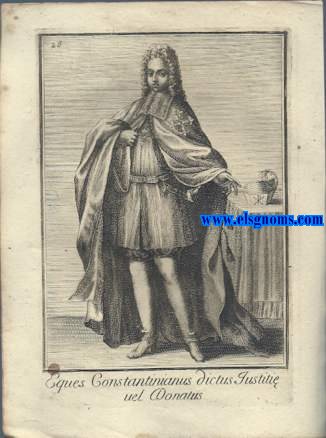 Eques  Constantinianus dictus Justie uel Donatus -Cavaliero Constantiniano di Giuftzia e Donato. Ordinum Equestrium et Militarium Catalogus in Imaginibus expositus, & cum brevi narratione oblatus Clementi XI Pont. Max. Editio Quarta. 