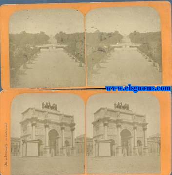 Paris. 2 vistas estereoscpicas de Photographies Victor Daireaux en albmina representando vista de: Arc de Triomphe de Carrousel y Jardin des Tuilleries.