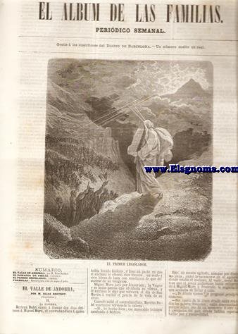 El Album de las Familias.Peridico Semanal.Gratis  los suscritores del Diario de Barcelona.Nm.22.Tomo II.SUMARIO : El Valle de Andorra , por M. Elas Berthet.-El Domador de Fieras , (annima).-El Primer Legislador , (lmina).-Frmulas : Recetas para teir de negro el pelo.