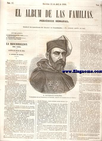 El Album de las Familias.Peridico Semanal.Gratis  los suscritores del Diario de Barcelona.Nm.23.Tomo II.SUMARIO : La Resurreccin del Alma , por Don Antonio de Trueba.-D, Victoriano Sugraes (lmina).-La Ciencia para todos.