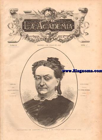 La Academia.-Semanario Ilustrado Universal.-Nm 1.Tomo IV.-SUMARIO.-Texto ; Semana histrica.-El Presidio (poesa), por Cecilio Navarro.-S.A.la Serma.Sra.Princesa de Vergara.-Exposicin Universal de Pars.-Don Salvador Maach.-Advertencia.-Anuncios.-GRABADOS: Serensima Seora D. Jacinta Martnez de Sicilia y de Santa Cruz, fallecida el da 3 de Junio del corriente ao.-El Genio de las Artes.Alto relieve debido al magistral cincel de Mr. Merci.-Exposicin Universal de 1878.Grandioso grabado que representa la vista general de los palacios del Trocadero y del Campo de Marte en Pars.-Exposicin Universal de Pars.Pabelln anglo-indiano.-Instalacin de Don Salvador Maach en la Exposicin de Pars.  