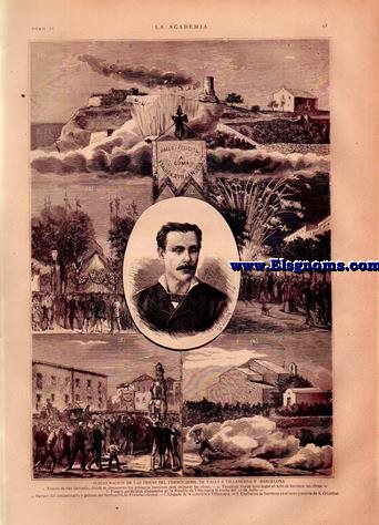 La Academia.-Semanario Ilustrado Universal.-Nm 6.Tomo IV.-SUMARIO.-Texto: Semana histrica.-Exposicin universal de Pars, por Francisco M. Tubino.-Estudios sobre la Amrica del Sur, noticias histricas del Per, por C. Enrique Estruch.-La quincena parisiense, por A. B.-Los dos cauces (poesa), por F. de P. Cacharron.-Al mar, soneto, por Carlos Coello.-Catedral de Buenos Aires.-El Correo del desierto.-La Peri, estatua de O. Tabacchi.-Velada literaria en la redaccin de La Academia.-La entrada en el convento.-Parte de la fachada antigua de la Casa Consistorial de Barcelona.-Inauguracin de los trabajos de construccin del ferrocarril de Valls  Villanueva y Barcelona.-Anuncios.= Grabados: Fachada de la catedral de Buenos Aires (de fotografa).-Bellas Artes.El Correo del desierto, cuadro del insigne Vernet.-La Peri, estatua del escultor O. Tabacchi.-Velada literaria en la redaccin de La Academia.-La entrada del convento.-D. Francisco de Sales Vidal, alcalde de Villanueva y Geltr, + el 30 Julio de 1878.-D. Pablo Soler y Morell, presidente de la Junta directiva del ferrocarril de Valls  Villanueva y Barcelona.-D. Celso Xaudar, ingeniero director de la construccin de la expresada va frrea.-Parte de la fachada antigua de la Casa Consistorial de Barcelona.-Inauguracin de las obras del ferrocarril de Valls a Villanueva y Barcelona.-Ermita de San Gervasio, donde se dispararon los primeros barrenos para empezar las obras.Templete donde tuvo lugar el acto de bendecir las obras.-Fuegos artificiales disparados en la Rambla de Villanueva la noche del 10 de Julio.-Retrato del concesionario y gerente del ferrocarril, D. Francisco Gum.-Llegada de la comitiva  Villanueva.-Explosin de barrenos en el cerro y ermita de San Cristbal.-Piano del Sr.Arbona.