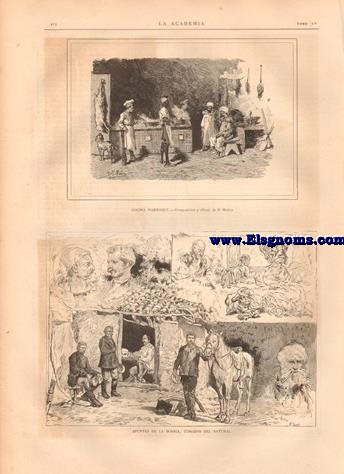 La Academia.-Semanario Ilustrado Universal.-Nm 14.Tomo IV.-SUMARIO.-Texto.- Semana histrica.-Aplcacin de las Bellas Artes  la Industria por F.M. Tubino.-El Otoo por Emilio Castelar.-La Quincena Parisiense por A.B..-Las Cruzadas ante Jerusalem por Jos Panads, cannigo.-A Cervantes (soneto) por Cecilio Navarro.-Es la moda (poesa) por F. Tejn.-Pedro Pablo Rubens.-La Cocina Marroqu.-Apuntes de la Bosnia.-Esclaera de la Latina.-Juan Sebastian Bach-Orillas del Bess.-Las Flores.GRABADOS: Pedro Pablo Rubens.-Cocina Marroqu composicin y dibujo de D. Moz.-Apuntes de la Bosnia tomados del natural.-Madrid: Escalera de La Latina dibujo de Blasco grabado por Pars.-Obelisco conocdo con el nombre de Aguja de Cleopatra tal como estaba en Alejandra dibujo de Rigalt grabado por Mas.-Bellas Artes: Juan Sebastian Bach maestro de msica de la escuela de Sto. Toms en Leipzig cuadro de Kaulbach.-Orillas del Bess estudio del natural por A. Mestres.-Las flores cuadro de Muller.