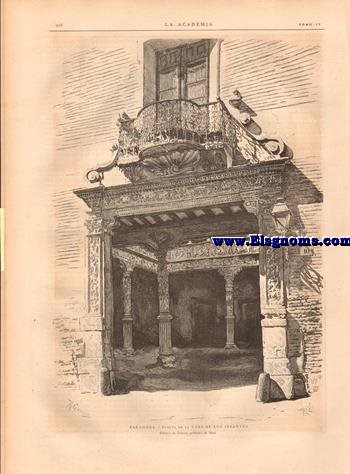 La Academia.-Semanario Ilustrado Universal.-Nm 15.Tomo IV.-SUMARIO.-Texto.- Semana histrica.-Exposicin Universal de Pars.La instruccin pblica ; por Francisco M. Tubino.-Bibliografa extrangera; por Manuel de la Revilla.-Las Cruzadas ante Jerusalem (continuacin); por el doctor Jos Panads y Poblet, cannigo.-A mi amiga madame Charles Heine (poesia); por Jos Gell y Rent.-Combate naval de Trafalgar; por Federico Valcrcel.-Londres: Len del pedestal del monumento erigido  Nelson.-Lo que priva.-La carretera.-La confidencia.-Cuadro de E. Messonier.-Libros recibidos en esta redaccin.-Establecimientos recomendados.-Anuncios.GRABADOS: Londres .-Uno de los cuatro leones de bronce que forman la base del monumento erigido  Nelson en la plaza de Trafalgar.-Zaragoza: Puerta de la Casa de los Infantes.Dibujo de Gmez, grabado de Masi.-Lo que priva.Composicin y dibujo de Barrio, grabado de Sadurn.-Trafalgar : 21 de Octubre de 1805.La Real Trinidad batindose contra varios navos ingleses  la vez.Composicin y dibujo de R. Monlen, grabado de Masi.-La carretera.Composicin y dibujo de nuestro director artstico Ricardo Balaca, grabado por Brit.-Bellas Artes.La Confidencia.Cuadro de E. Messonier.