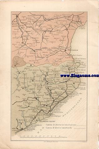 Mapa de Catalunya, el Midi y Llenguadoc de los ferrocarriles constrdos y en construccin.