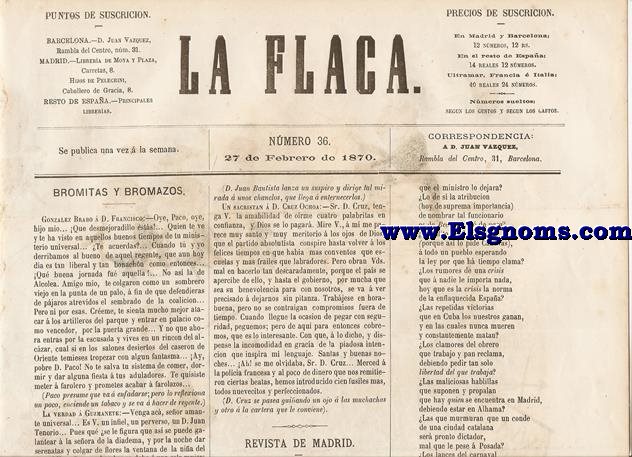 La Flaca.-Barcelona 27 de Febrero de 1870.-SUMARIO:Bromitas y Bromazos.-Revista de Madrid.-Un Baile de Mscaras.-Tiene Razn.-Bostezos.-Charada.