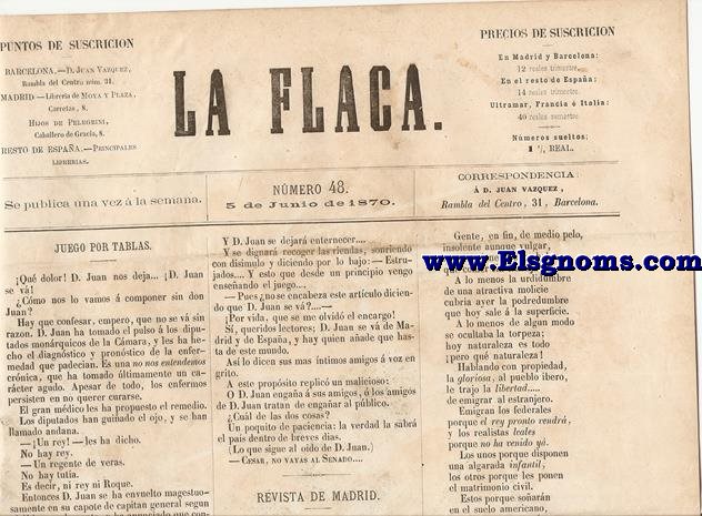 La Flaca.-Barcelona 5 de Junio de 1870.-SUMARIO:Juego Por Tablas.-Revista de Madrid.-Otra Vez.-Bostezos.-Charada.-Geroglfico.