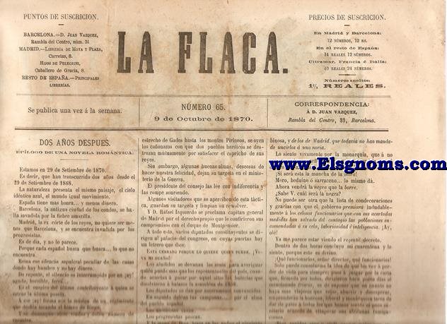 La Flaca.-Barcelona 9 de Octubre de 1870.-SUMARIO:Dos Aos Despues.-Correspondencia Beduina.-Revista de Madrid.-Por Carta de Ms.-Bostezos.-Charada.-Geroglfico.