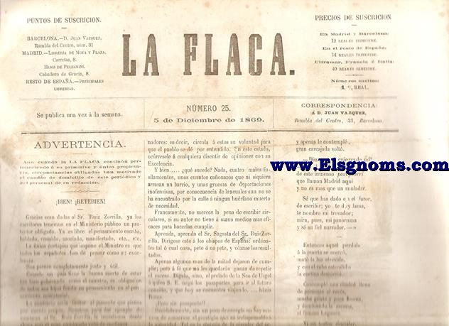 La Flaca.-Madrid 5 de Diciembre de 1869.-SUMARIO: Bien!  Retebien!.-Revista de Madrid.-Lgica, Hijos Mos, Lgica!.-Bostezos.-Geroglfico.-Espectculos.