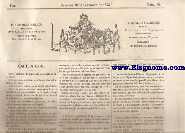 La Flaca.-Tomo II.-Barcelona 18 de Septiembre de 1873.-SUMARIO:Ojeada.-El Ministro Castelar.-Chismes.-Charadas.