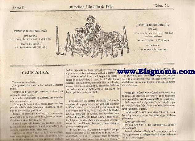 La Flaca.-Tomo II.-Barcelona 2 de Julio de 1873.-SUMARIO:Ojeada.-Elecciones De Ayuntamiento.-Chismes.-Charadas.