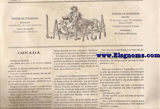 La Flaca.-Tomo II.-Barcelona 26 de Junio de 1873.-SUMARIO:Ojeada.-El Estado y La Iglesia.-Chismes.-Charadas.