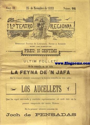 Lo Teatro Regional. Setmanari ilustrat de Literatura, Novas y Anuncis. Surt los disaptes. Any II. 25 de Novembre de 1893. N 94.
