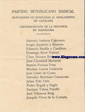 Partido Republicano Radical.Elecciones de Diputados al Parlamento de Catalua. Circunscripci de la Provincia de Barcelona. (Llista de la candidatura presentada al Parlament de Catalunya per a les Eleccions de 20 de Novembre de 1932).