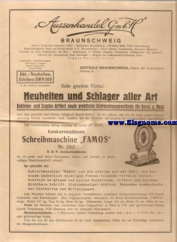 Aussenhandel G.m.b.H. Braunschweig. Abt: Neuheiten. Zeichen: DRN103. Catlogo.
