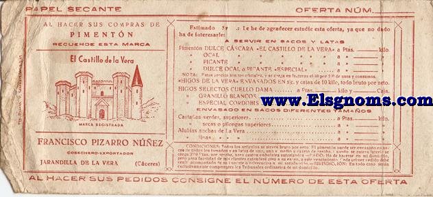 Papel secante. Pimentn El Castillo de la Vera. Francisco Pizarro Nez, cosechero - exportador. Jarandilla de La Vera (Cceres).