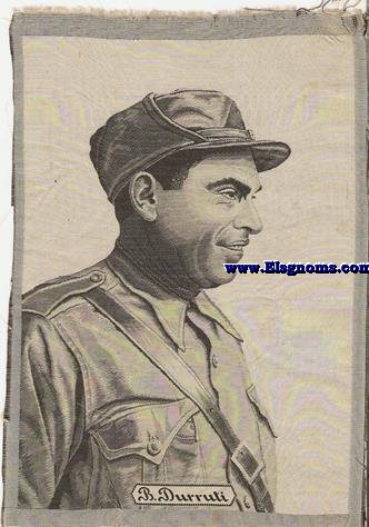Benaventura Durruti. Pieza de tela con retrato bordado en negro de este famoso anarquista.