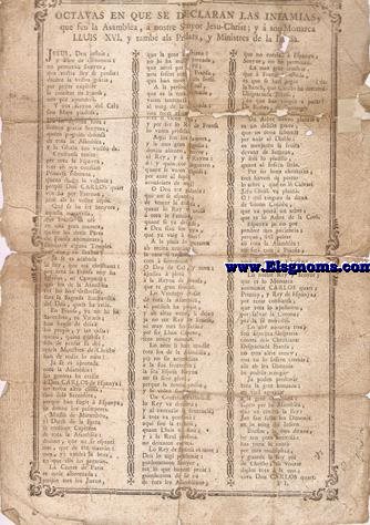 Octavas en que se declaran las infamias, que feu la Asamblea,  nostre Senyor Jesu-Christ; y  son Monarca Lluis XVI, y tamb als Prelats, y Ministres de la Iglesia.