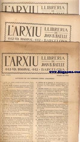 L'Arxiu. Llibreria de Joan B. Batlle. Catlech de les derreres obres adquirides (Octubre 1932, Juny 1933 i Octubre 1933.