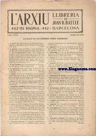L'Arxiu. Llibreria de Joan B. Batlle. Catlech de les derreres obres adquirides (Octubre 1933).