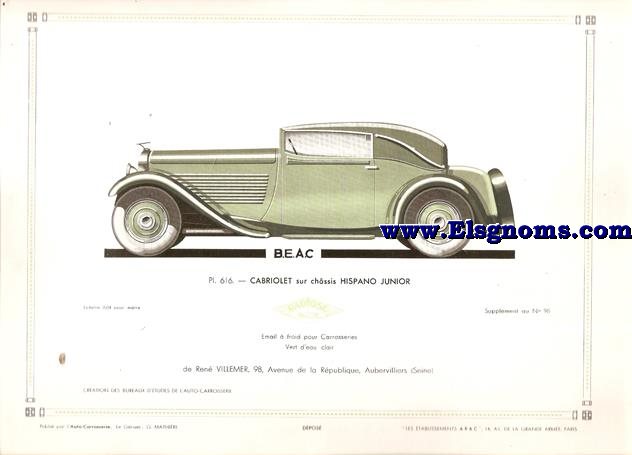 Pl. 616. Cabriolet sur chssis Hispano Junior pintado en verde. Supplement au N 98 de l'Auto Carrosserie. Grant: G. Mathire. Supplment au N 98.