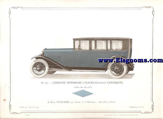 Pl.327. Conduite Intrieure 6 Places (Carrosserie Guesquin).Pintado Bleu Azur Clair.y. Supplement au N 57.Auto-Carrosserie. Grant: G. Mathire. Supplment au N 57.