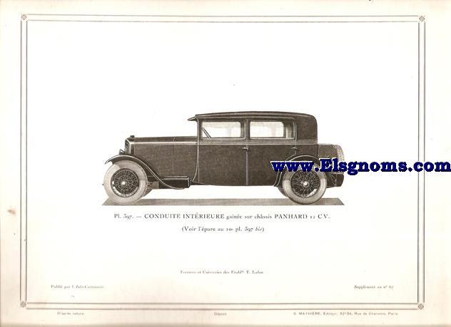 Pl.397. Conduite Intrieure gaine sur chssis Panhard 12 cv.(Voir l'pure au 10 pl.397 bis).Pintado en negro. Supplement au N 67.Auto-Carrosserie. Grant: G. Mathire. Supplment au N 67.